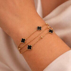 18K Gold Plated Black Clover Charm Bracelet |Waterproof Stainless Steel | Adjust